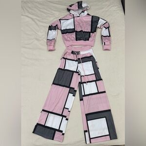 Women’s Outfit Set Geometric Pattern Cropped Hoodie And Sweatpants Pink Size XL